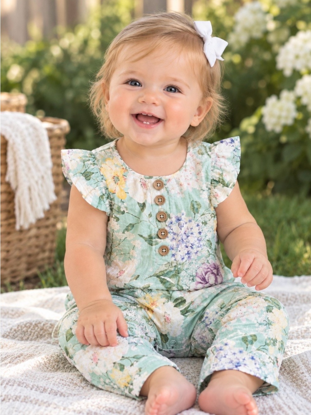 Posh Peanut Mint Green Floral Henley Romper
